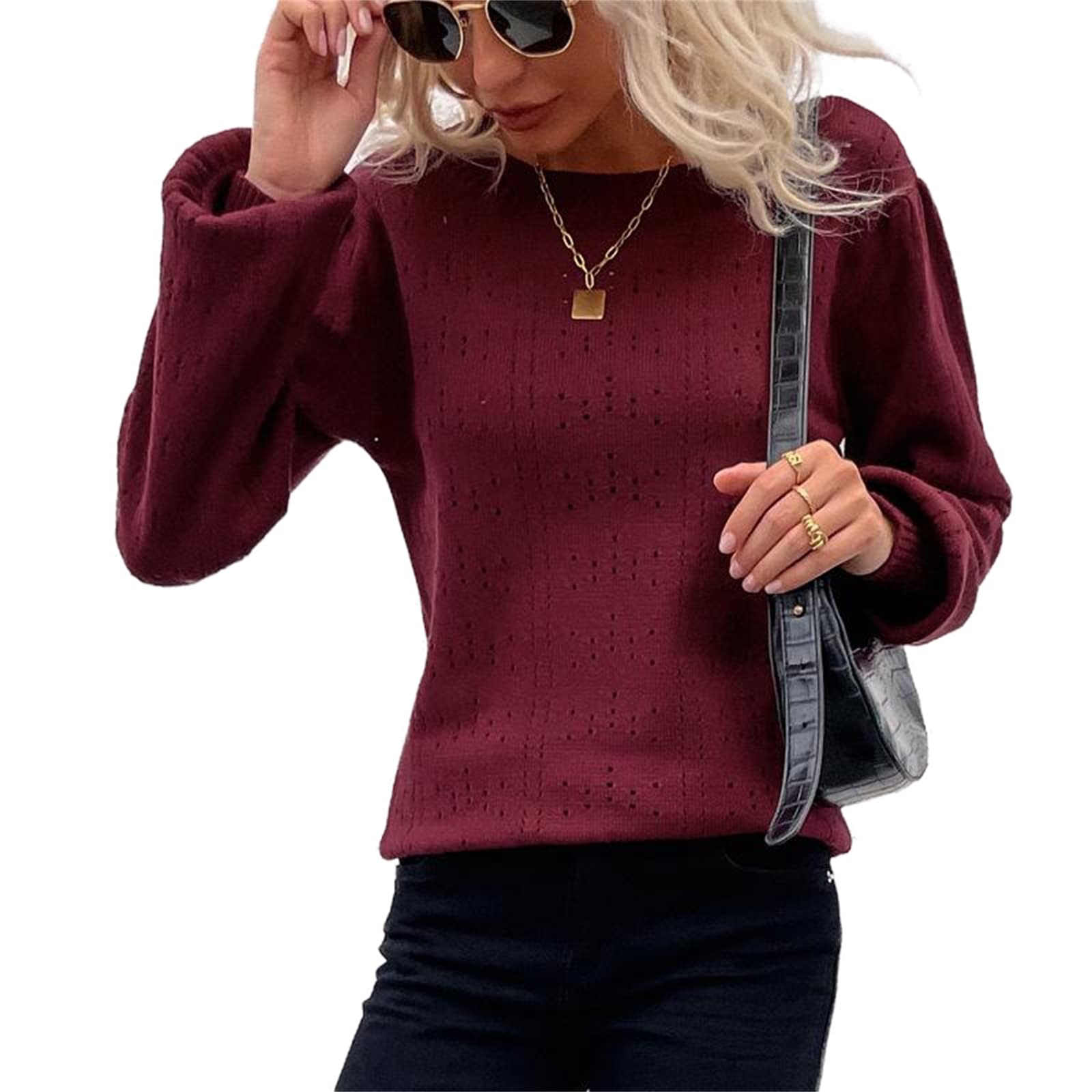 Damski sweter z okrągłym dekoltem sweter pusty dzianina codzienny długi rękaw miękki sweter z dzianiny płaszcz, Czerwony, XL