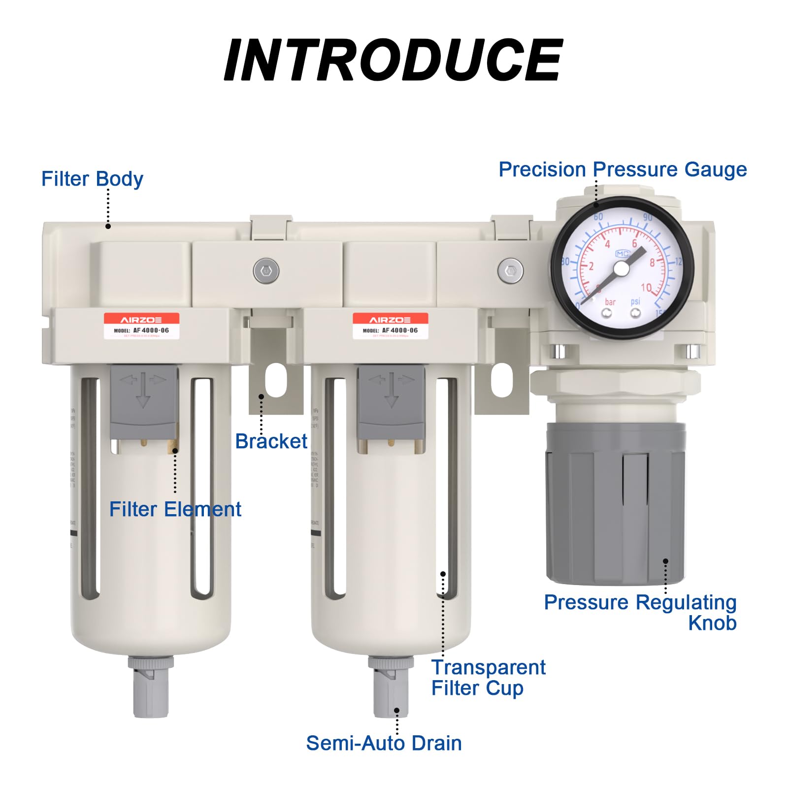 AIRZOE 3/4" NPT Air Dryer for Compressor-Air Compressor Water Separator AC4110-06,Double Air Compressor Filter,Air Pressure Regulator Combo,5 Micron Brass Element,Semi-Auto Drain,0-145 psi Gauge — Amazon image 3