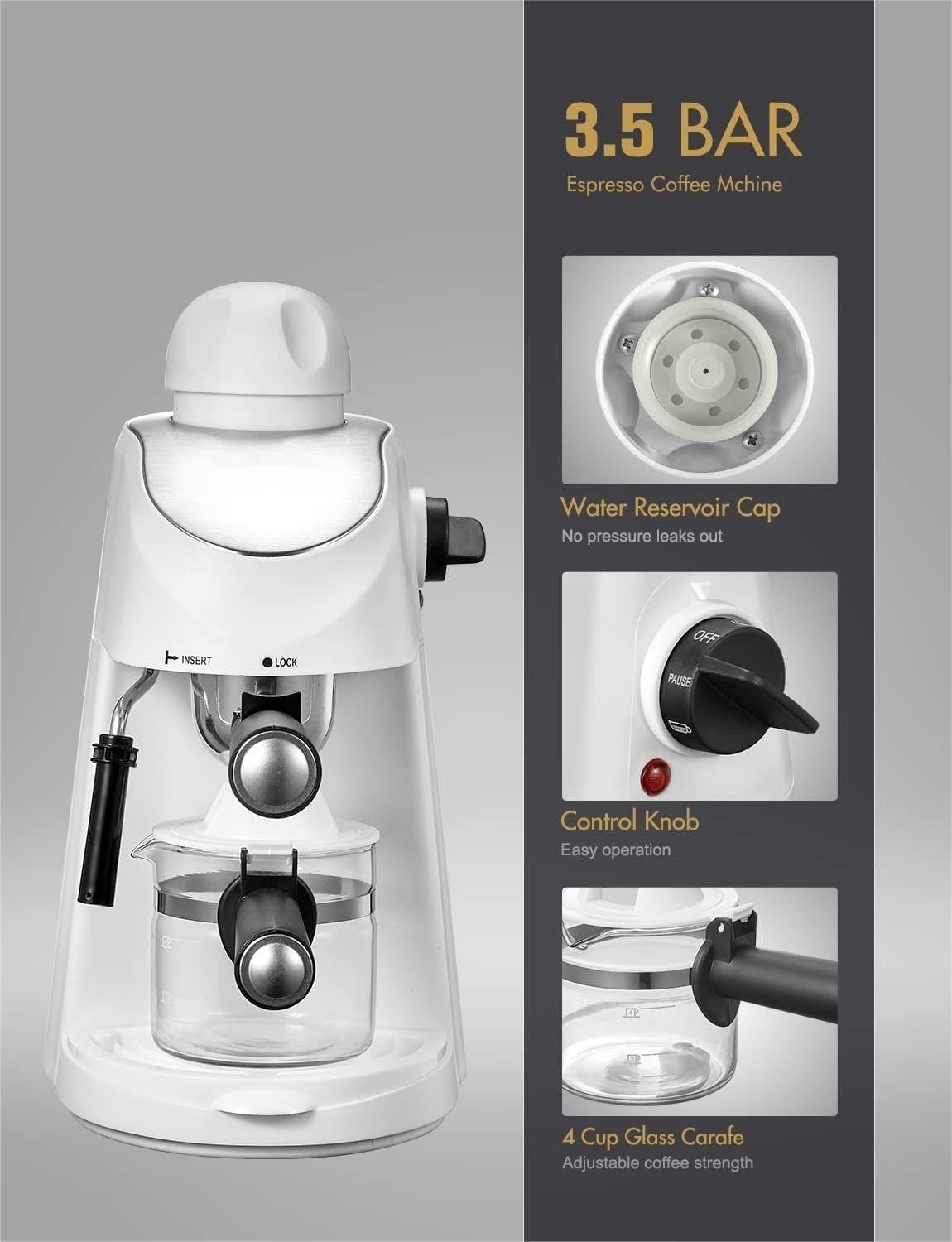Cafetera Espresso, con Espumador de Leche, Cafetera Espresso con vaporizador, Cafetera Espresso de 3,5 Bar, Cafetera Espresso y Capuchino (Color : White)