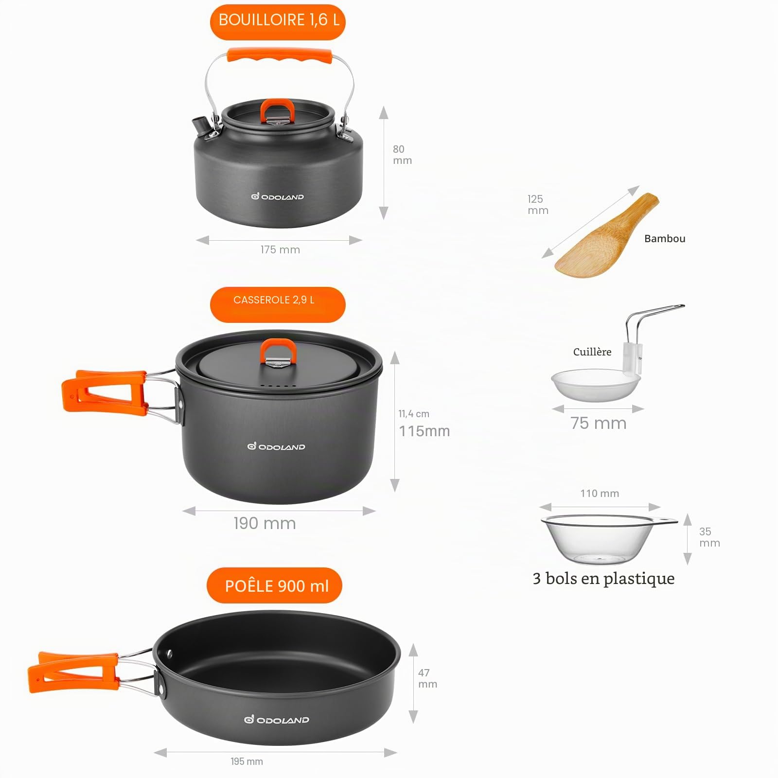 Odoland Kit de Casseroles Camping Portable, Antiadhésif Casserole Légère Set avec Bol en PP pour Le Camping, Sac à Dos, Cuisine en Plein Air et Pique - Nique