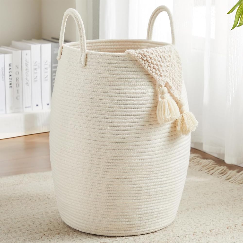 Beosior White Cotton Rope Basket Large Blanket Basket Woven Storage Basket Toy Storage Organiser Nursery Decor Laundry Hamper With Handle 65L (White)