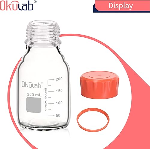 Miniatura 4 de 4 botellas redondas de almacenamiento de medios de 8.5 fl oz (8.5 onzas), vidrio de borosilicato 3.3, con tapones de rosca GL45 en material de