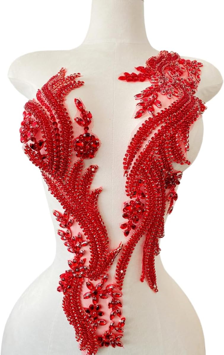 1 Pair of Handmade Glass Rhinestone Appliques for Dress Wedding,Banquet Evening Gown,Photograph Shot Sewing Bead Stone Crystal Patches (Red)