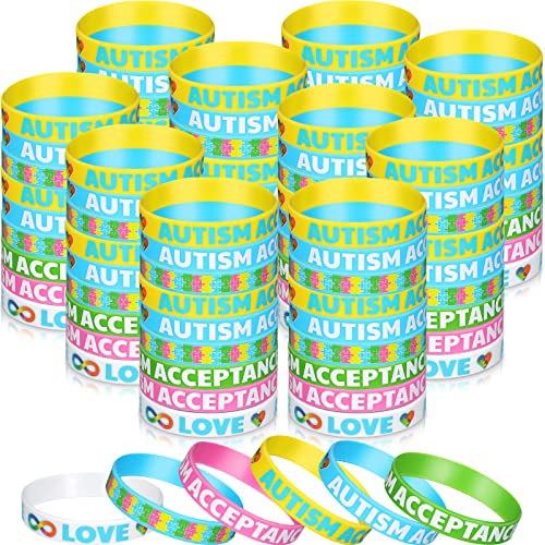 300 Stück Autismus-Bewusstseins-Armband, Autismus-Akzeptanz, Silikon-Armband, bunte Puzzleteile, Gummi-Armbänder, um Liebe, Akzeptanz und Unterstützung zu symbolisieren Cover