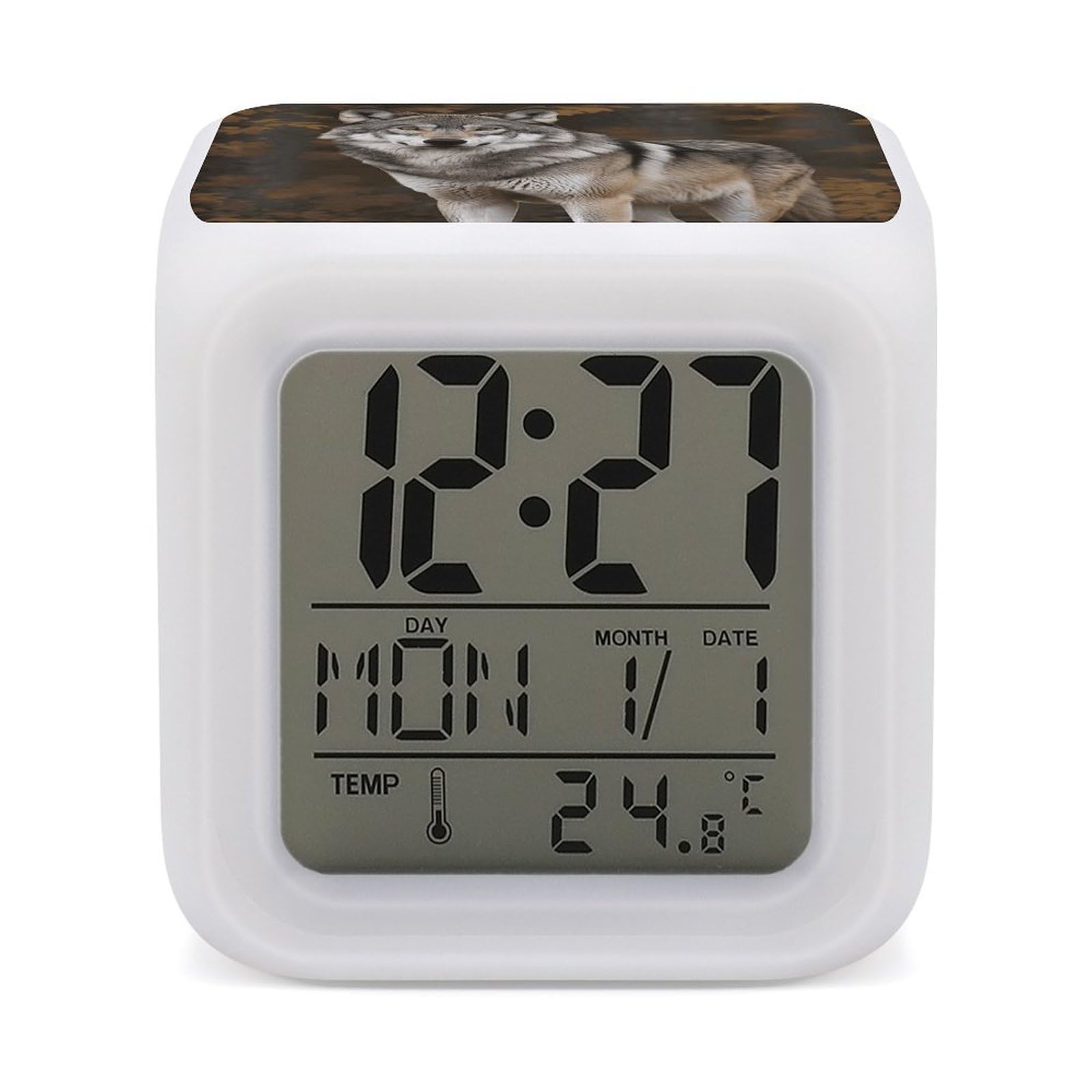 JTREHY 7 Color Changing LED Digital Alarm Clock,Wild Wild Gray Wolf Printed Wake-up Clock with Temperature Display Home Decoration Alarm Clock for Bedroom Office