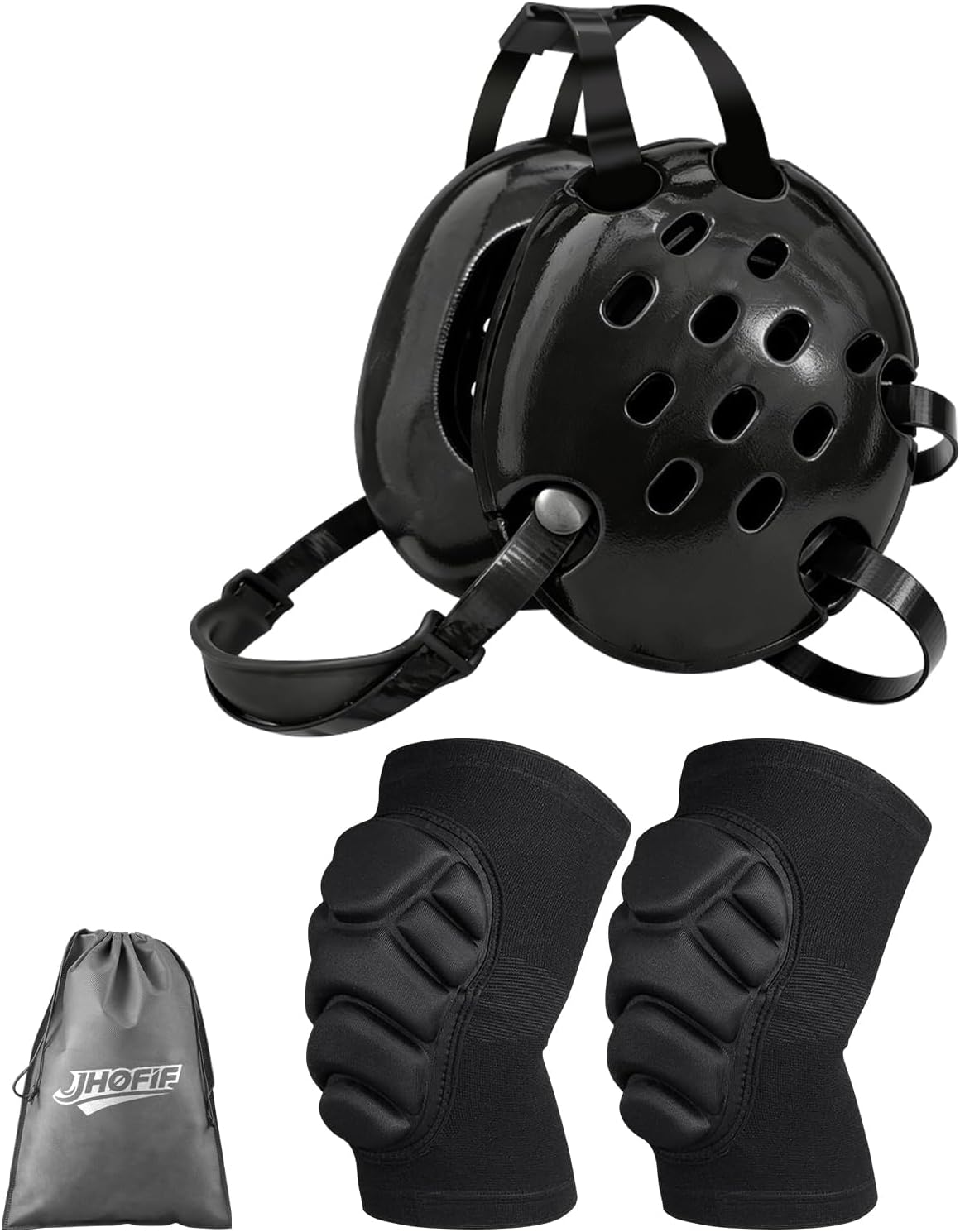 Wrestling Protective Gear Set for Youth & Adults – Adjustable Headgear with Knee Pads, 11 Hole Design for Breathable and Shock-Absorbent, Includes Carry Bag for Convenience