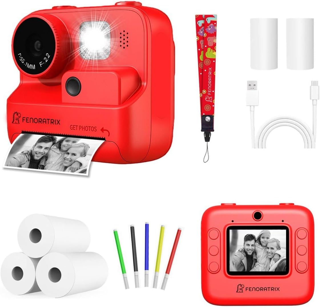 Instant Print Camera for Kids – No Ink Needed, 2.4" Screen, Selfie & 1080P Video, 10X Zoom, 3 Paper Rolls, Stickers & Markers, Fun Creative Gift for Boys & Girls Ages 3 4 5 6 7 8 9 10 – FENORATRIX RED