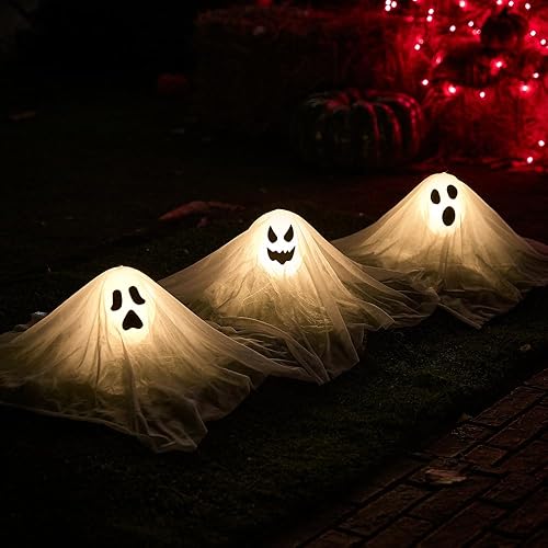 JOYIN Decoraciones de Halloween al aire libre, estacas de jardín de fantasma blanco con diseño iluminado (3 paquetes), fantasma de tela para luces disponible en Yaxa Guatemala