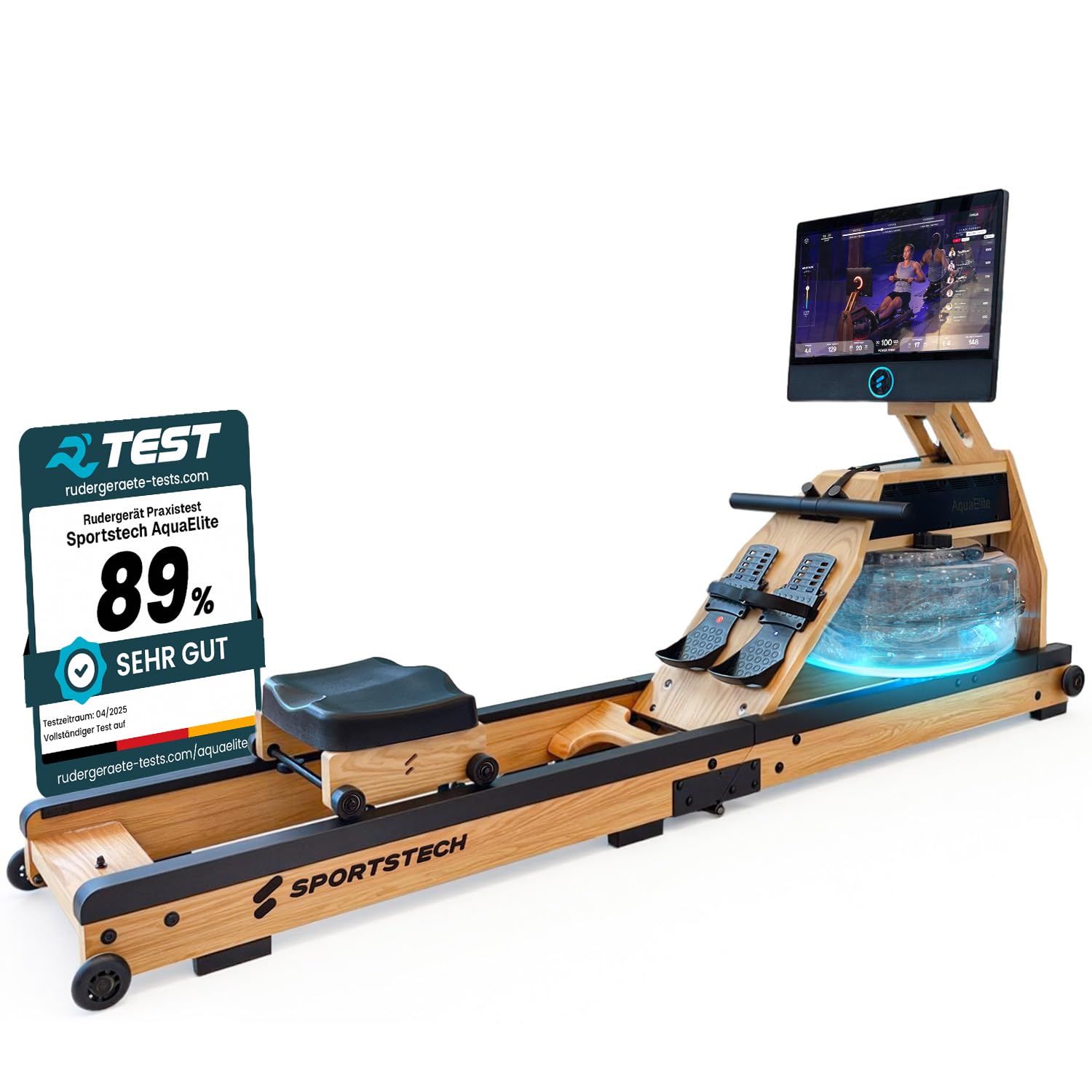 Sportstech AquaElite, Wasser Rudergerät für zu Hause, authentisches Rudererlebnis, Cardio und Ganzkörpertraining, Massivholz, klappbar, LED-Wassertank, 10,1" oder 21,5" Display mit App