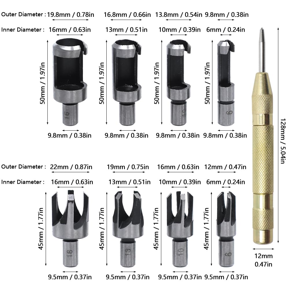 GYSRXS 23 Piece Countersink Drill Bit Set 6×Countersink 7×Trend Drill Bits 8×Wood Plug Cutter with 1×Center Punch and 1×Hexagonal Wrench Tool,for Wood Processing - Image 3