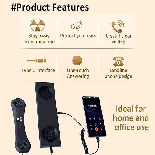 Miniatura 2 de Receptores de teléfono retro con enchufe USB-C para teléfono móvil, tableta, laptop, auriculares con botón de respuesta y llamada cómoda, gran