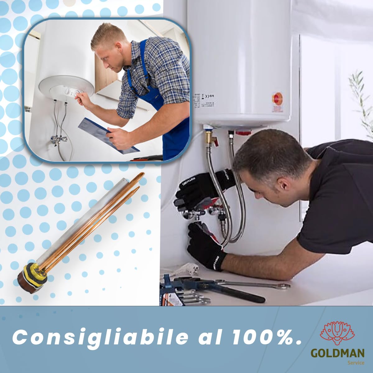 GOLDMAN SERVICE Kit di Resistenza Termo Elettrica Monoblocco Filettata da 1¼ Pollici - Anodo di Magnesio - Guarnizione. Ricambio per Termos di acqua, Accumulatore Solare, Caldaia (2000W)