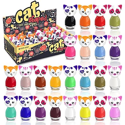 24 X Nail Polish Cat Shaped Peel-Off Water Based 24 Modern Standard Colours Display Box Cover