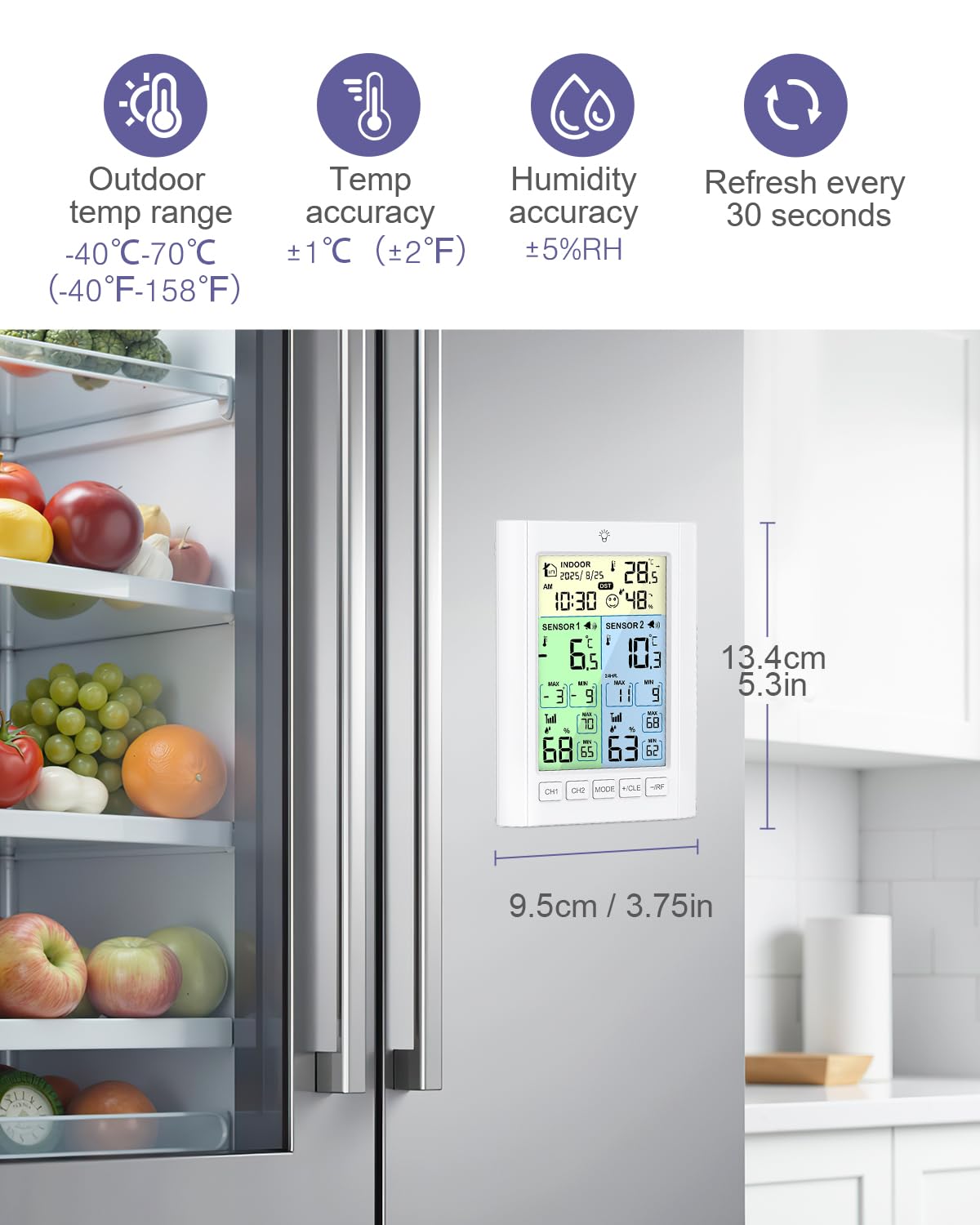 Digitales Kühlschrankthermometer, Gefrierschrank Thermometer mit 2 Sensoren, LCD Farbbildschirm mit Alarm, Hintergrundlicht, Max/Min, Zeit Kalender, DST, ℃/℉, Dual-Power-Modus für Küche