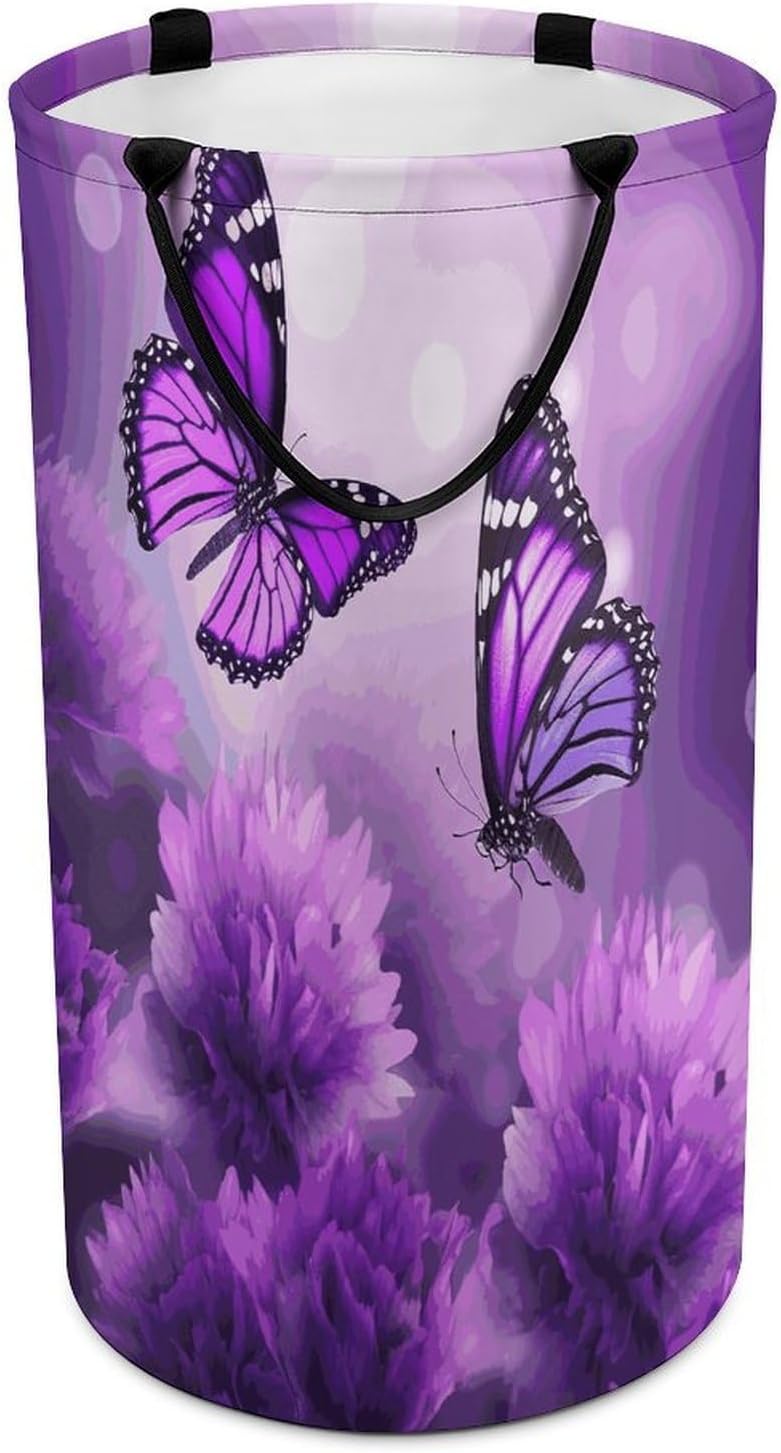 Purple Flower Butterflies Laundry Hamper with Handles Freestanding Large Laundry Basket Collapsible Clothes Hamper Waterproof Clothes Basket for Family Bathroom Decor Storage 86L