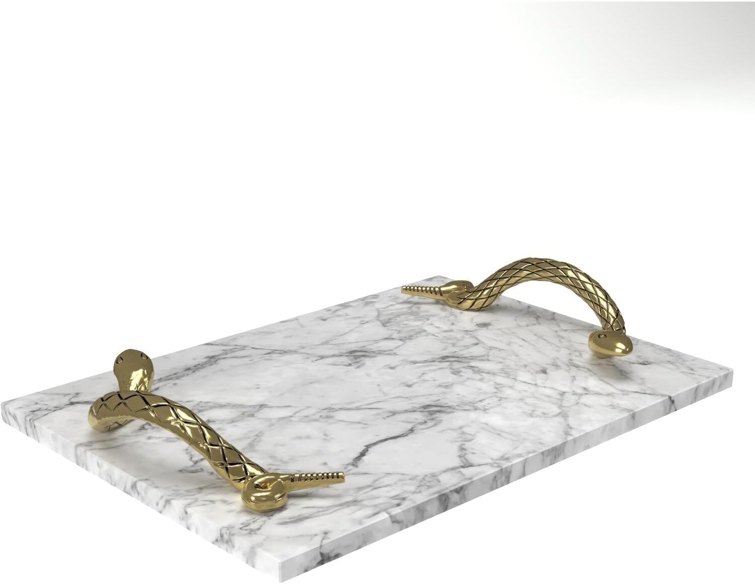 HomeStock Baroque Beauty Port Mamba White Marble Decorative Serving Tray with Brass Snake Handles 14" L x 10" W x 2.5" H Elegant Display Tray