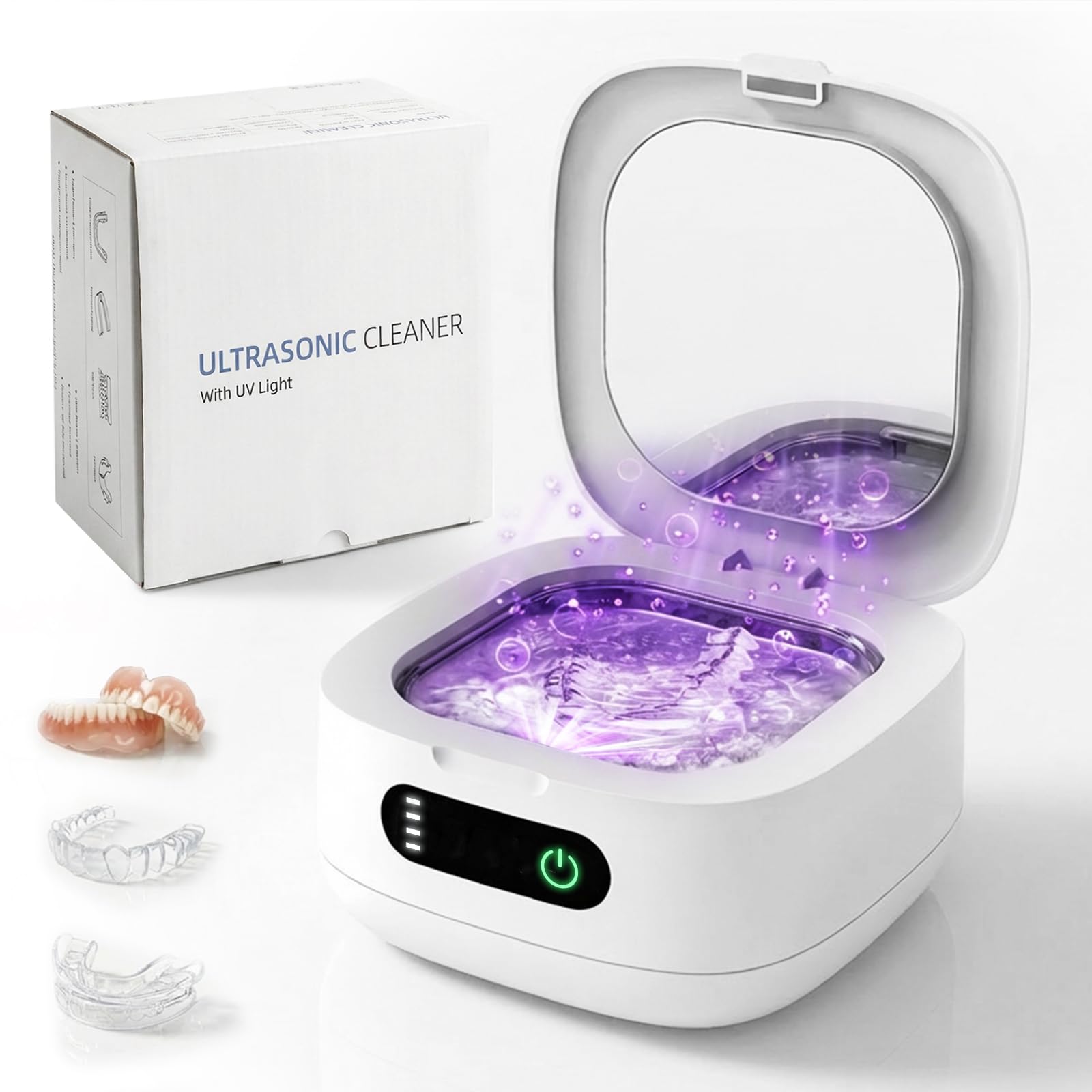Tragbares Ultraschallreinigungsgerät mit UV-Licht – Kabelloser & Wiederaufladbarer Reiniger für Invisalign, Zahnschienen, Aufbissschienen & Gebiss | Reisefertig mit integriertem Spiegel