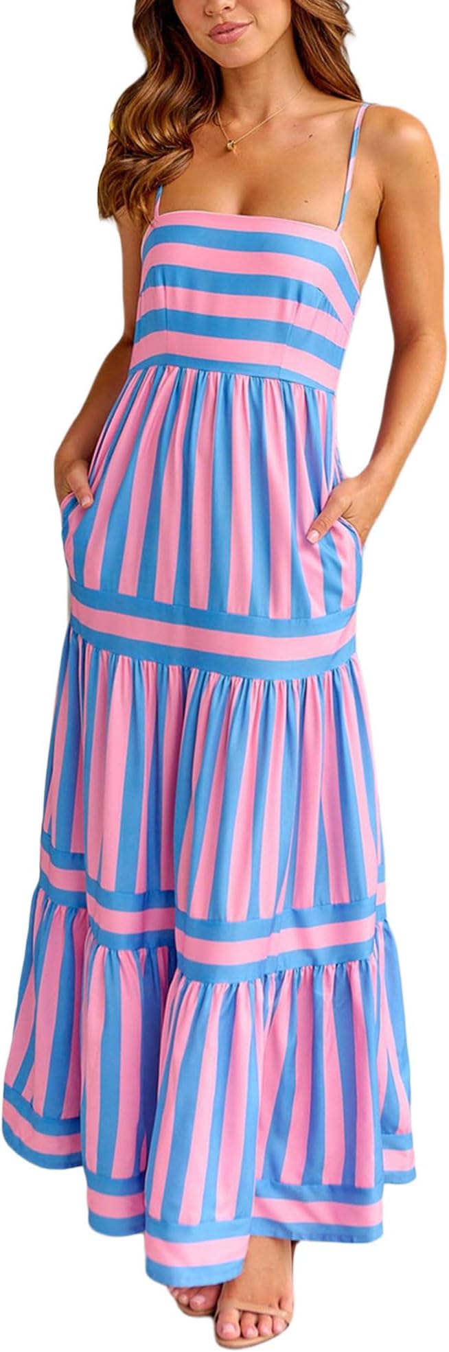 YILEEGOOWomen's Summer Striped Print Long Maxi Dress Ladies Sleeveless Casual Sundress Long Wrap Dress with Pockets