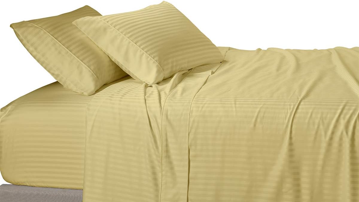 Royal Tradition Damask Striped 600-Thread-Count, 100-Percent Cotton Twin Extra Long XL 3PC Bed Sheets Set, Gold
