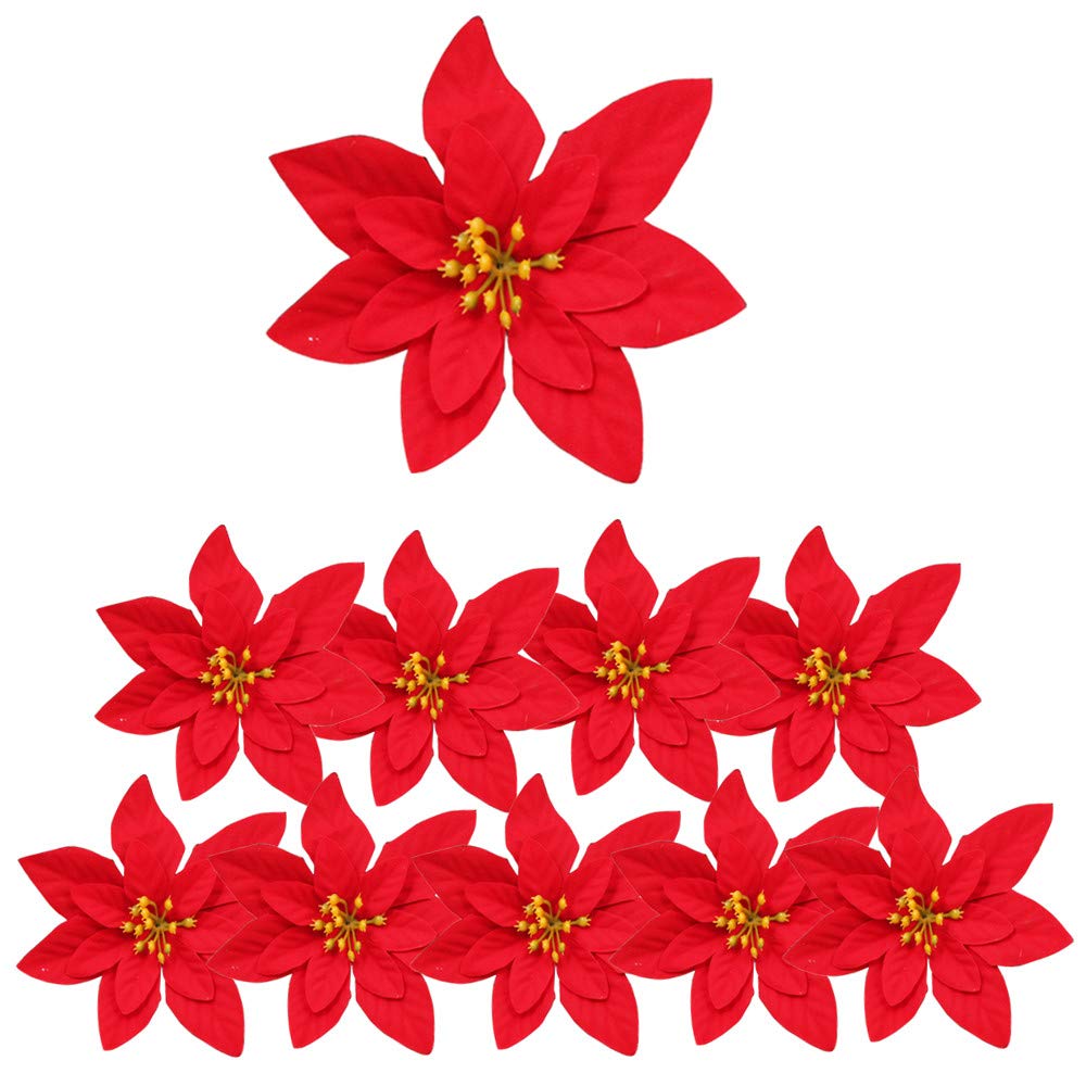 Muiltvoe Flannel Poinsettia 10Pcs Christmas Large ,Poinsettia Artificial Flowers,Xmas Poinsettias Decorations Artificial Christmas Flowers For Flower Tree Hanging Party Xmas Decor Wreath Garland Filler
