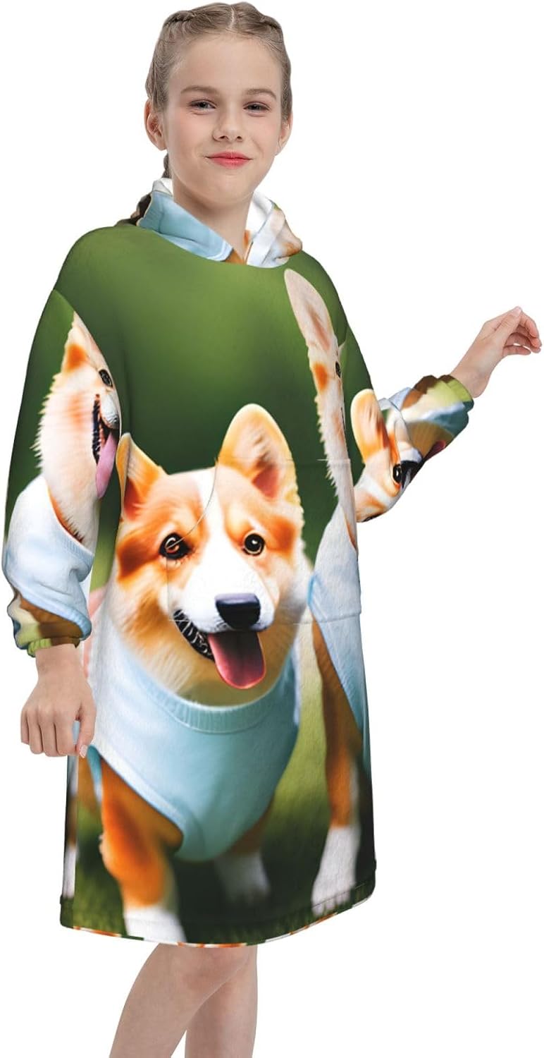 Wearing Clothes Corgi Dogs Print Oversized Blanket Hoodie, Wearable Blanket Hooded,Hooded Pullover With Pocket