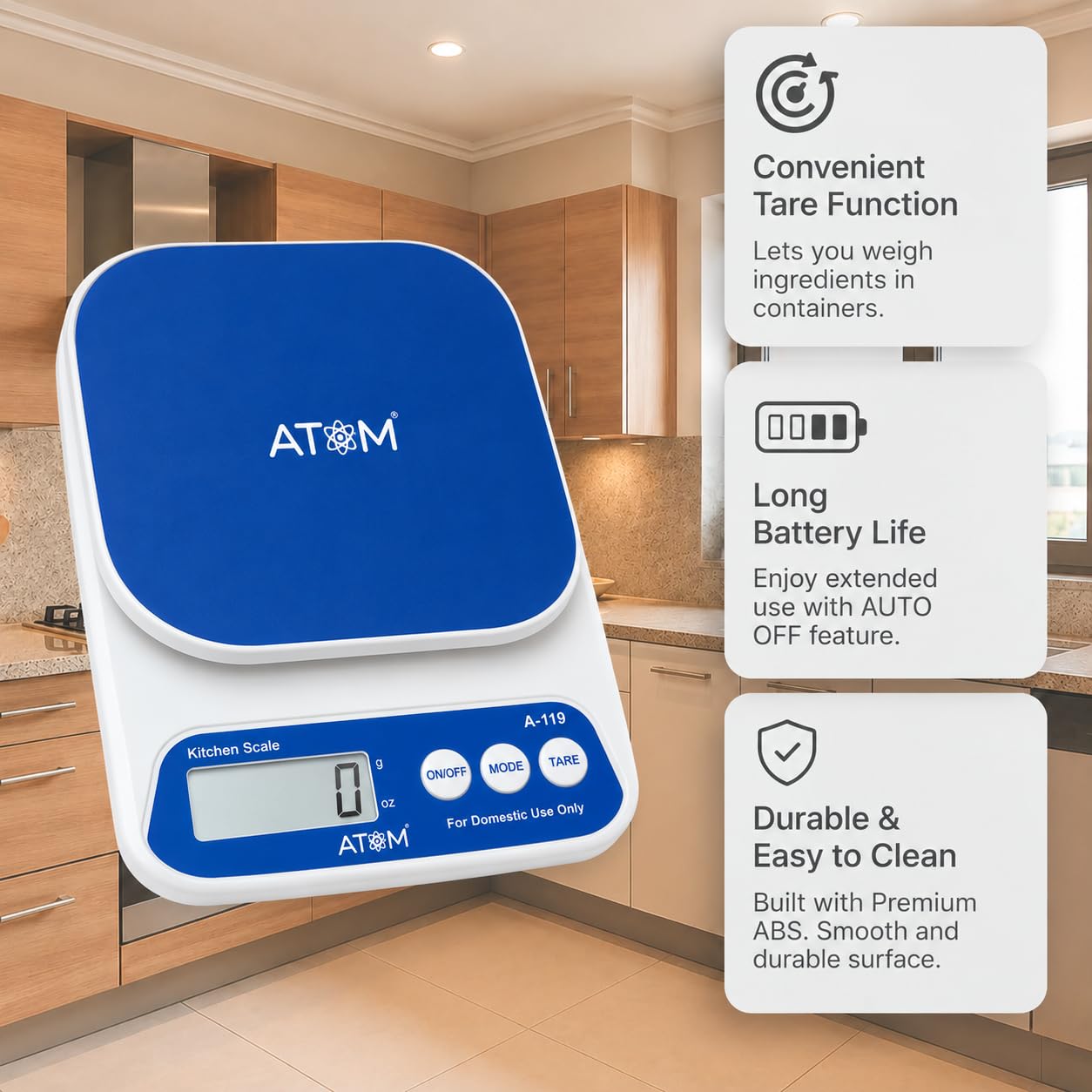 Atom Digital Kitchen Scale - 10kg, 1g Accuracy -3