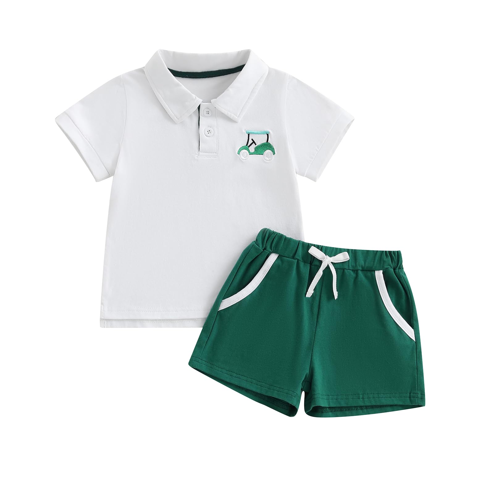 Toddler Baby Boy Summer Outfit Short Sleeve Embroidery Golf Cart Polo T-Shirt Shorts Hole in One Golf Birthday Clothes (Green, 2-3T)