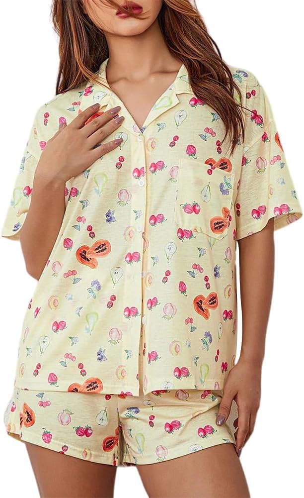 FHNUVBWomen's 2 Piece Fruit Pajama Set Short Cute Pjs Floral Comfy Preppy Pjs Coquette Pajamas Crew Neck Lounge Sets