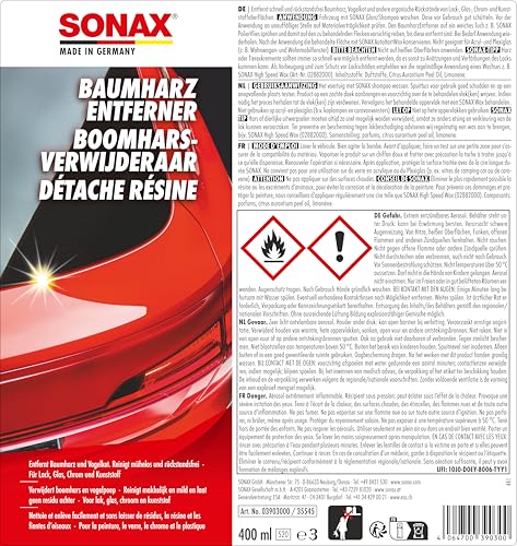 SONAX BaumharzEntferner (400 ml) schnelle und rückstandsfreie Entfernung von organischen Rückständen auf Fahrzeugoberflächen | Art-Nr. 03903000