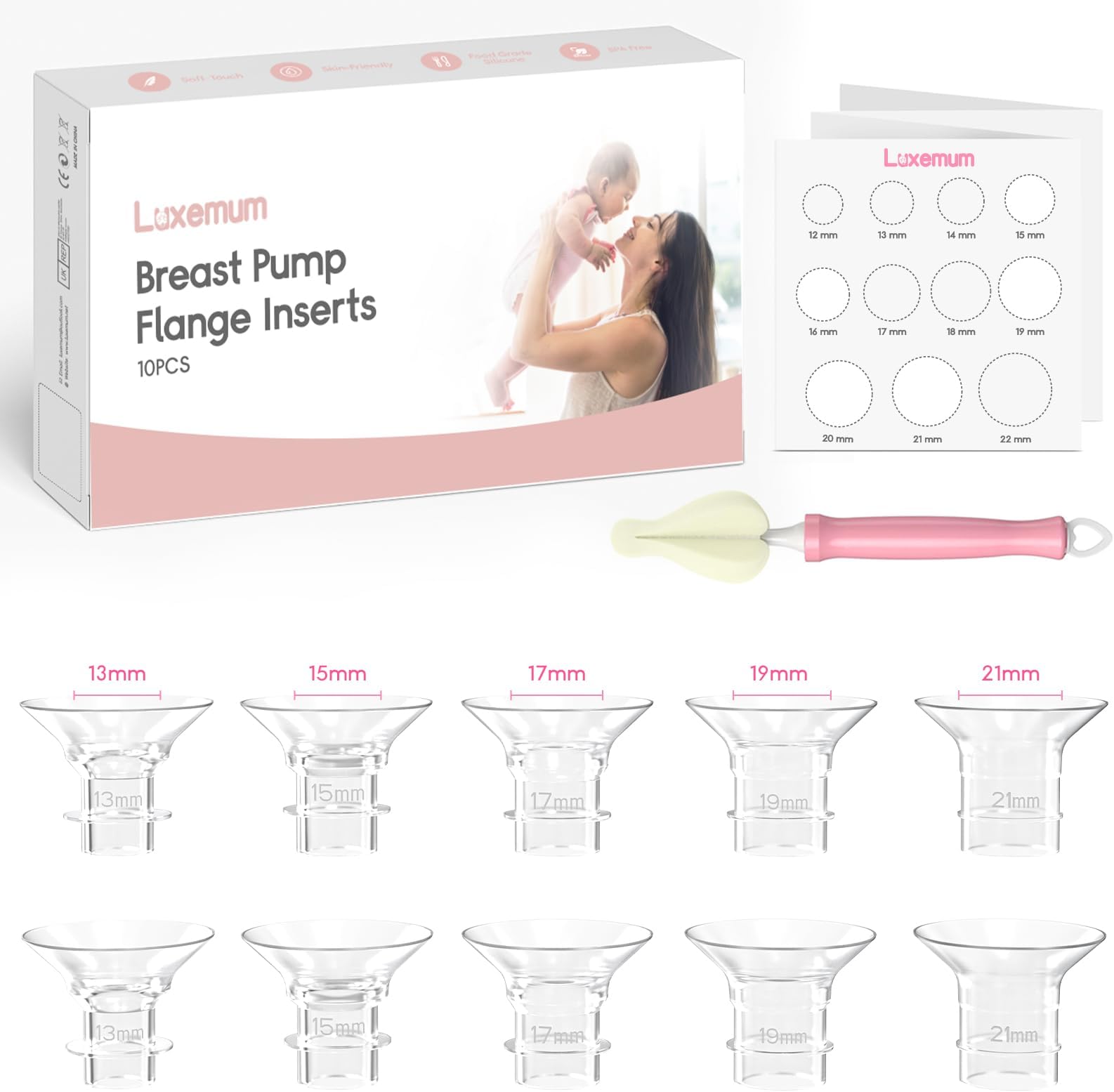 Flange Inserts 13/15/17/19/21mm for 24mm Flange/Shield of Most Pumps Compatible with Momcozy, KISSBOBO, Lansinoh, Elvie, Willow go, Spectra, Medela Freestyle Flex, Pump Shields（10PCS）