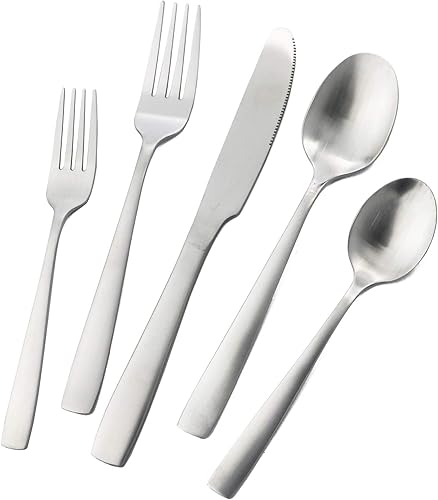 JASHII Juego de cubiertos de plata mate de acero inoxidable de 20 piezas con borde cuadrado, servicio para 4. utensilios de cocina con revestimiento