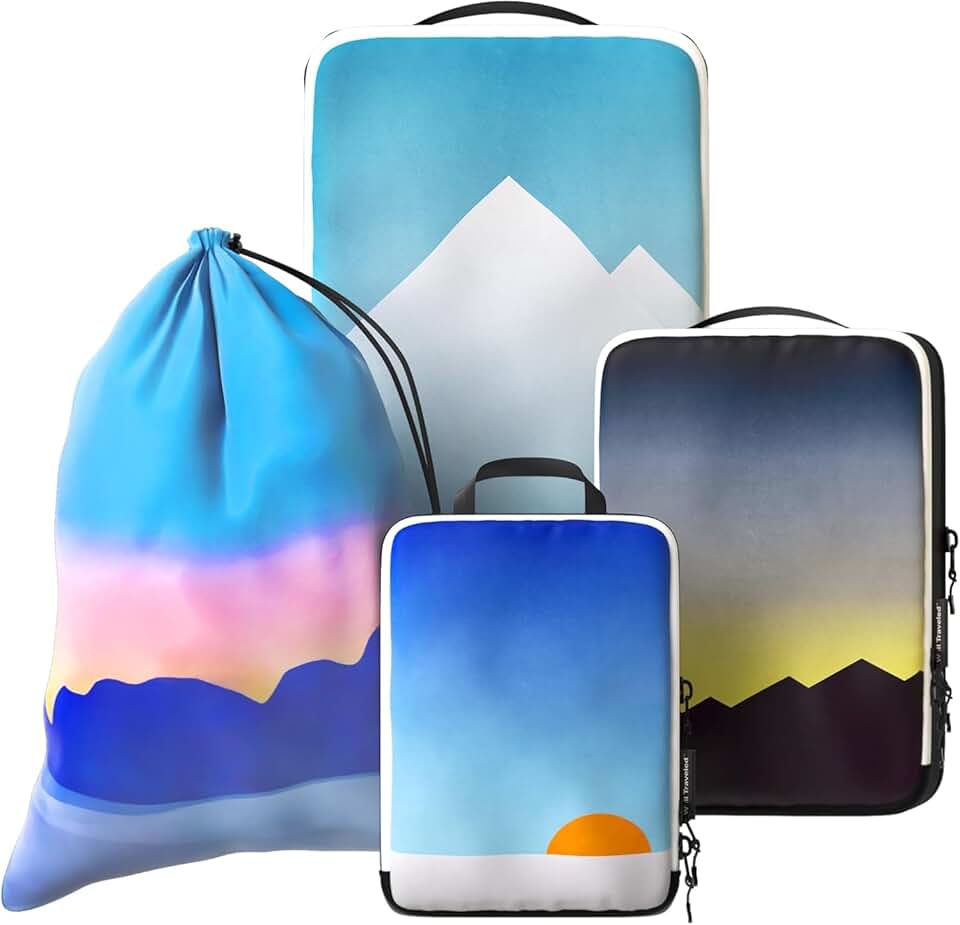 Well Traveled 4-Piece Luxury Compression Packing Cubes & Bags for Travel – Maximize Space in Luggage with HybridMax Double-Capacity Design, 50 Luggage Tags, Patented Suitcase Organizer Bags, Lifetime Satisfaction