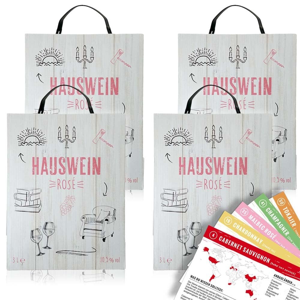 Hauswein Rosé, halbtrocken, Bag-in-Box, sortenreines Weinpaket + VINOX Winecards (4x3,0l)
