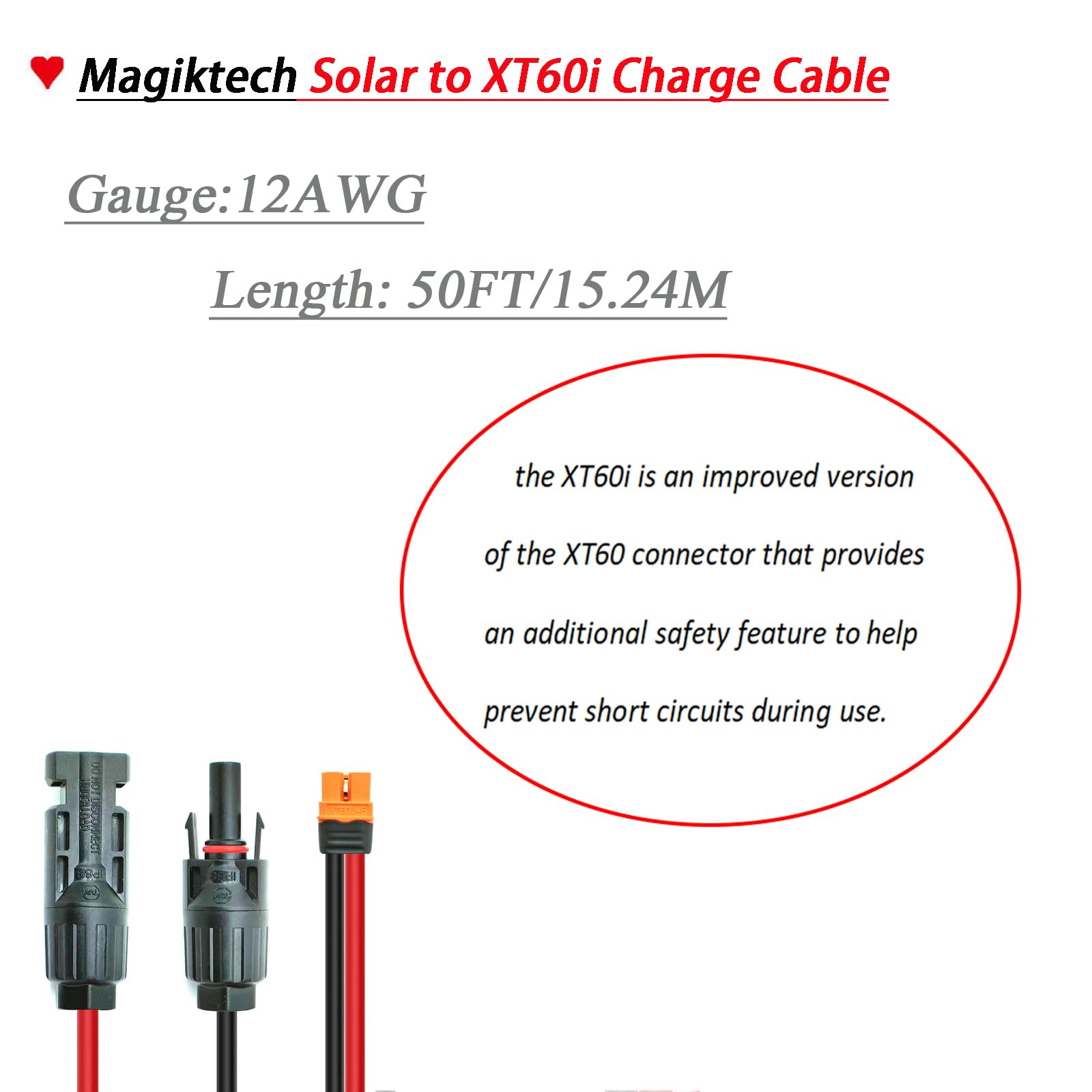 Kit de panel solar de 12 AWG de 50 pies, cable de carga a conectores XT60i, adaptador para estaciones eléctricas portátiles, generadores solares (12AWG 50FT)