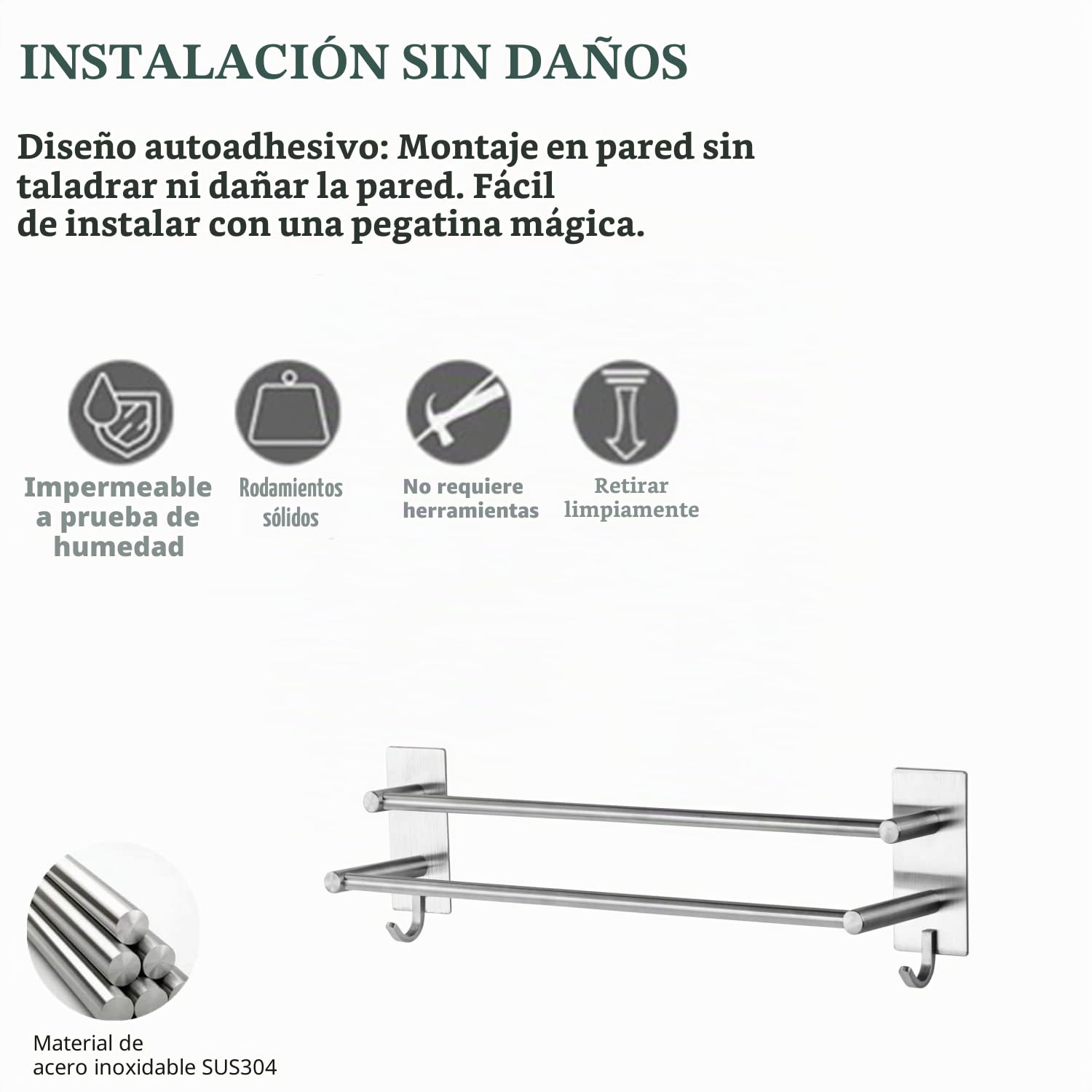 Vista Toallero de Baño sin Taladro con Fuerte Adhesivo 43.5CM Plata Acero Inoxidable Toallero de Baño Accesorio de Baño Accesorio de Baño sin Taladro para Baño y Cocina
