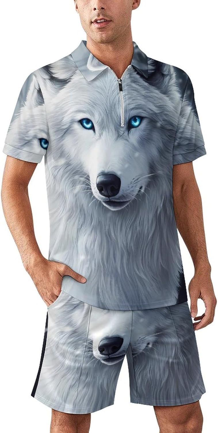 Wolf Mens Polo Shirts Track Suits 2 Piece Short Sleeve Sweatsuit 1/4 Zip Golf Loungewear for Sports