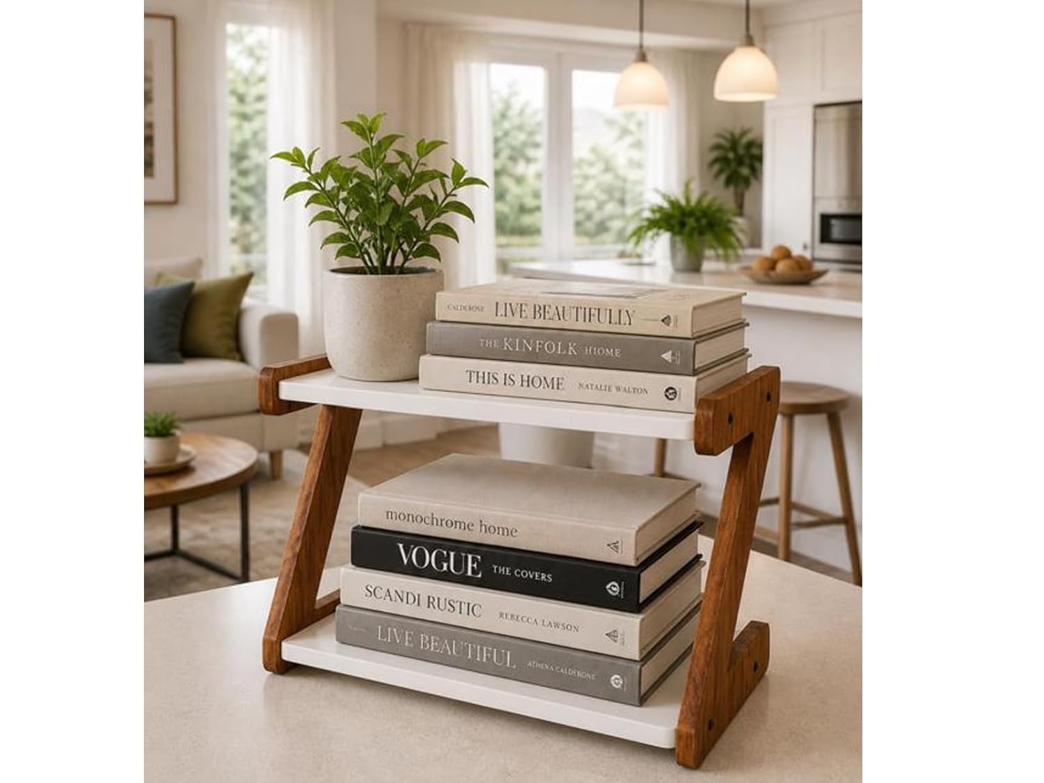 Uteez 2 Tier Desktop Bookshelf Organizer for Study Table & Office Desk | Wooden Countertop Storage Rack for Books, Stationery & Decor | Space Saving Tabletop Shelf Organizer | White & Walnut Finish-image-0