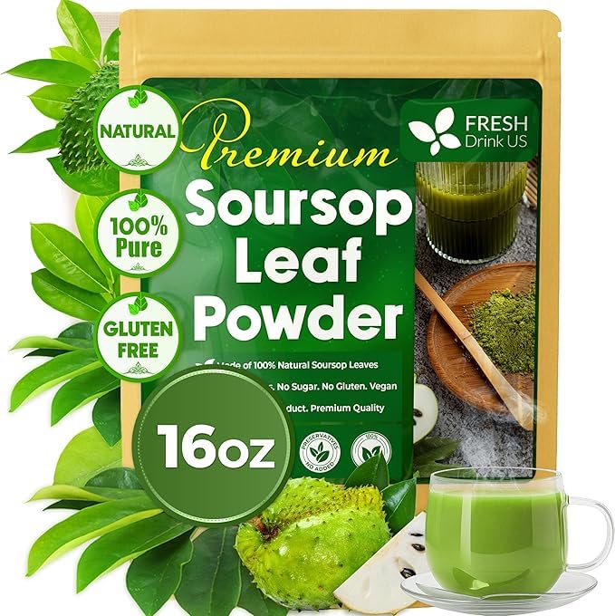 Image of FreshDrinkUS, Premium Leaf Tea Bags Powder, 100% Natural & Pure. Herbal Tea. No Sugar, No Caffeine, No Gluten, Vegan. (16 oz Soursop Leaf Powder)