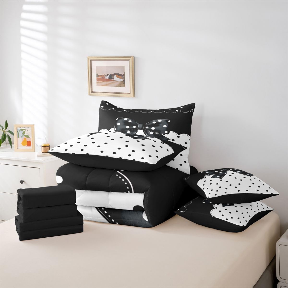 Feelyou Cute Bow Comforter Set with Sheets 7 Piece Full Size Polka Dots Bowknot Bedding Set for Kids Boys Girls Black White Bed in a Bag Bow Tie Room Decor Soft Lightweight Microfiber
