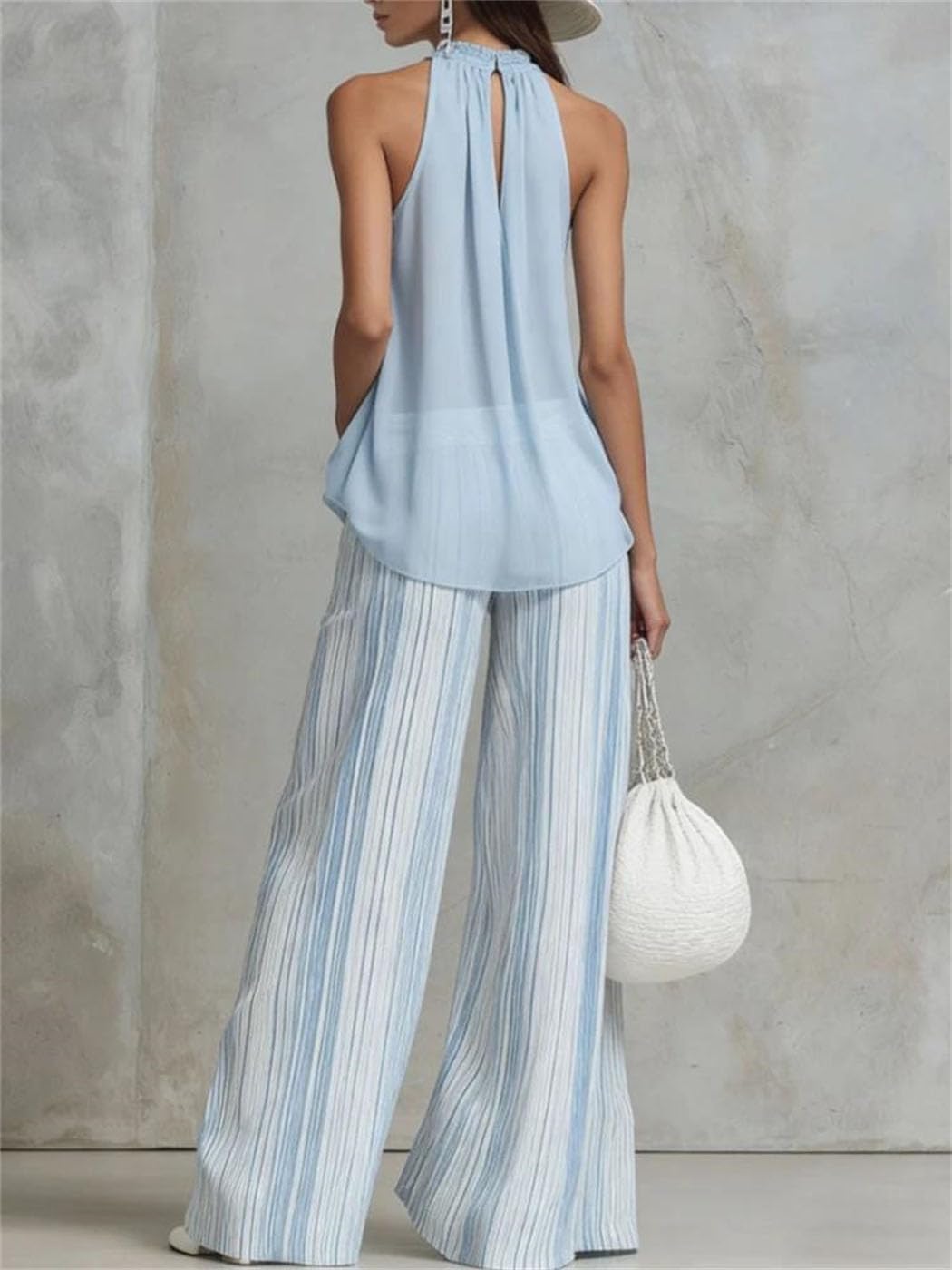Womens Two Piece Chiffon Sleeveless Top Wide Leg Trousers Set Casual Vacation Striped Suit