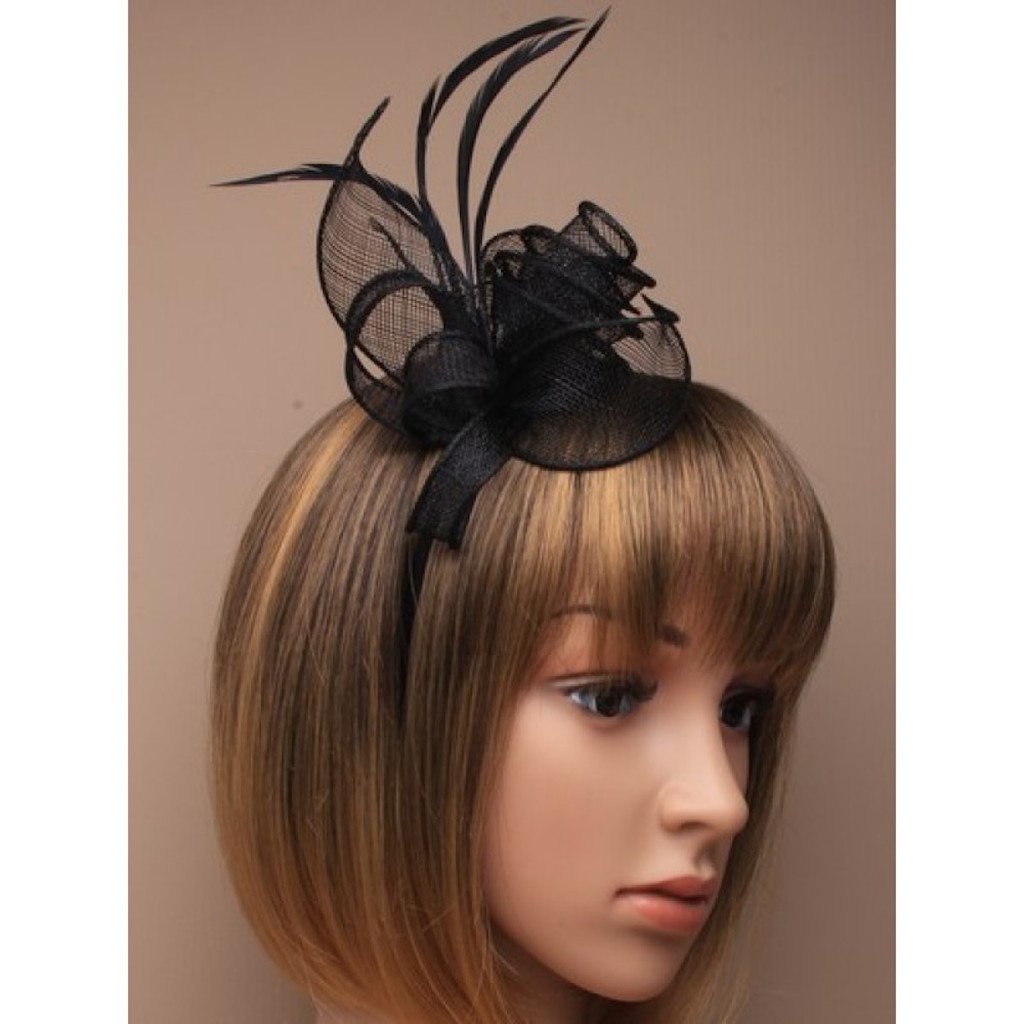 Black Coiled Looped Sinamay and Feathers Fascinator on a Narrow Satin Fabric Aliceband