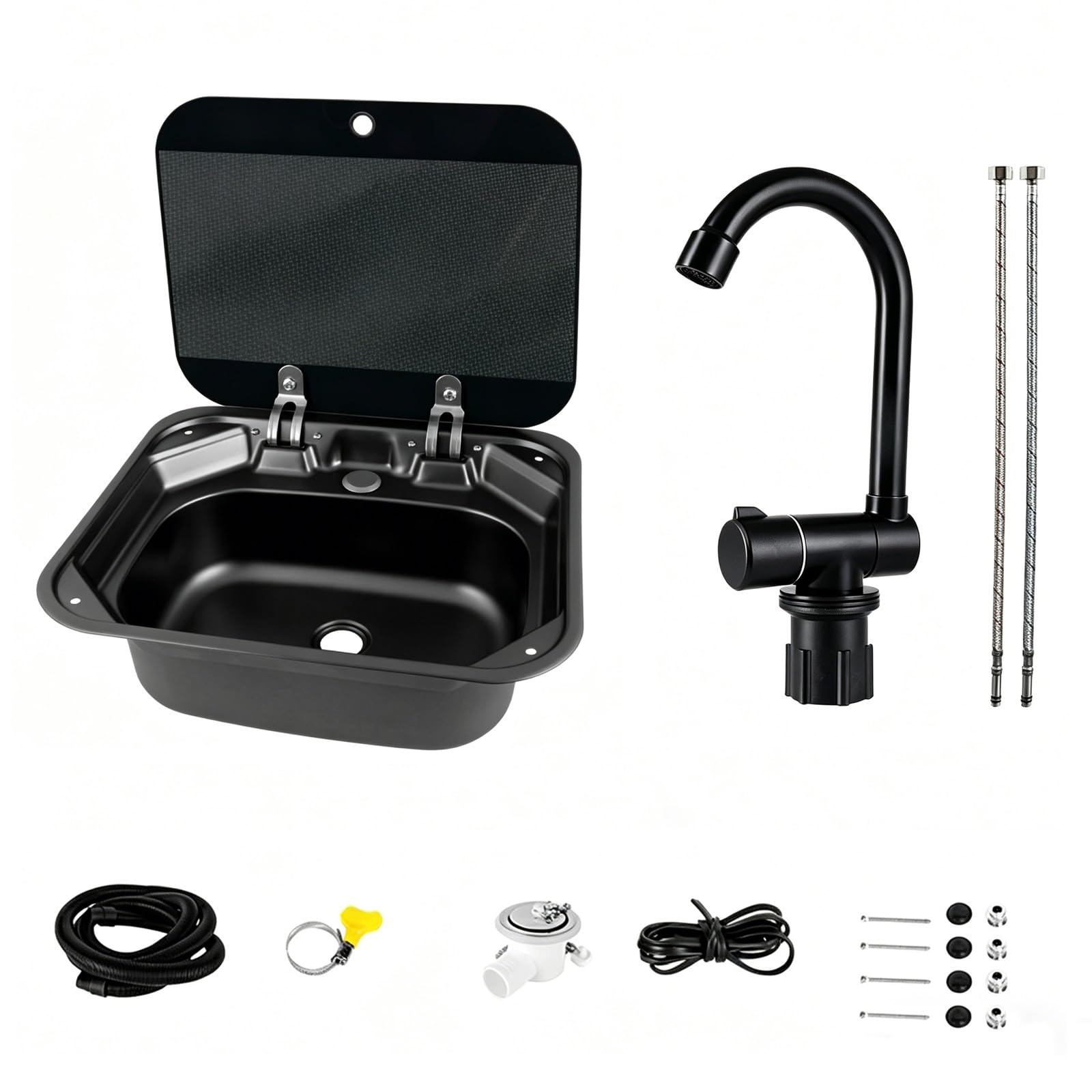 Lxrhlikg Black Rv Sink, Kitchen Sink With Faucet Combo, 304 Stainless Steel, Translucent Cover, 16X14x6in, For Rv Camper Boating Bar(Black)