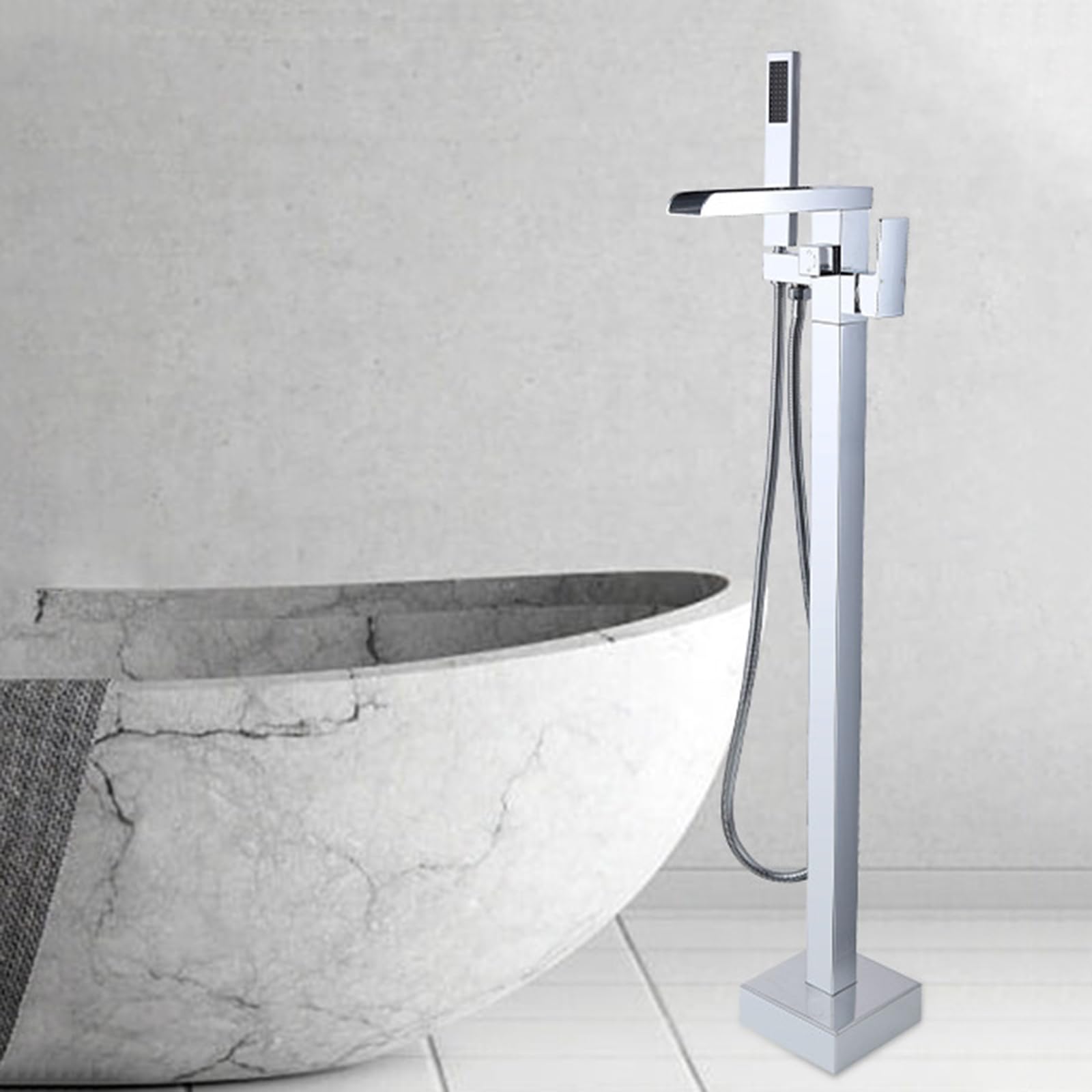 Aolemi Freistehende Badewannenarmatur Mit Handspray – Bodenmontage, Mattschwarz, Wasserfallauslauf