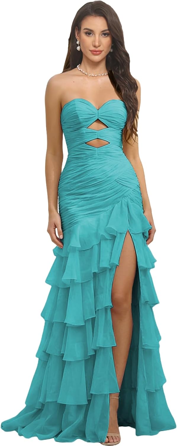 Tiered Ruffles Prom Dresses with Slit for Women Strapless Mermaid Formal Gowns Chiffon Long Evening Party Dress MX14