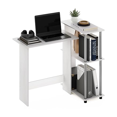 Furinno Abbott Corner Computer Desk with Bookshelf, White Oak/Chrome