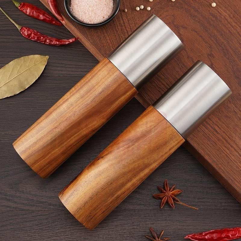 Wood Pepper Grinder with Holder Salt and Pepper Grinder Set Wooden Kitchen Spice Mill Adjustable Coarseness Pepper Mill