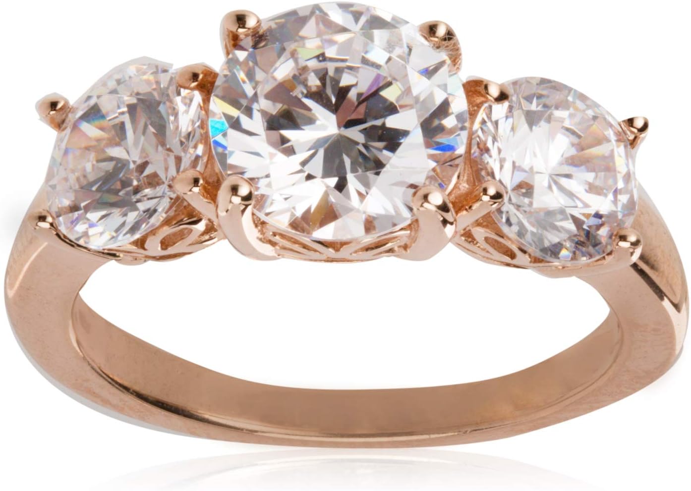 Amazon Essentials Rose 18K Gold Plated Sterling Silver Round 3-Stone Ring made with Infinite Elements Cubic Zirconia (3 cttw), Size 7, (previously Amazon Collection)