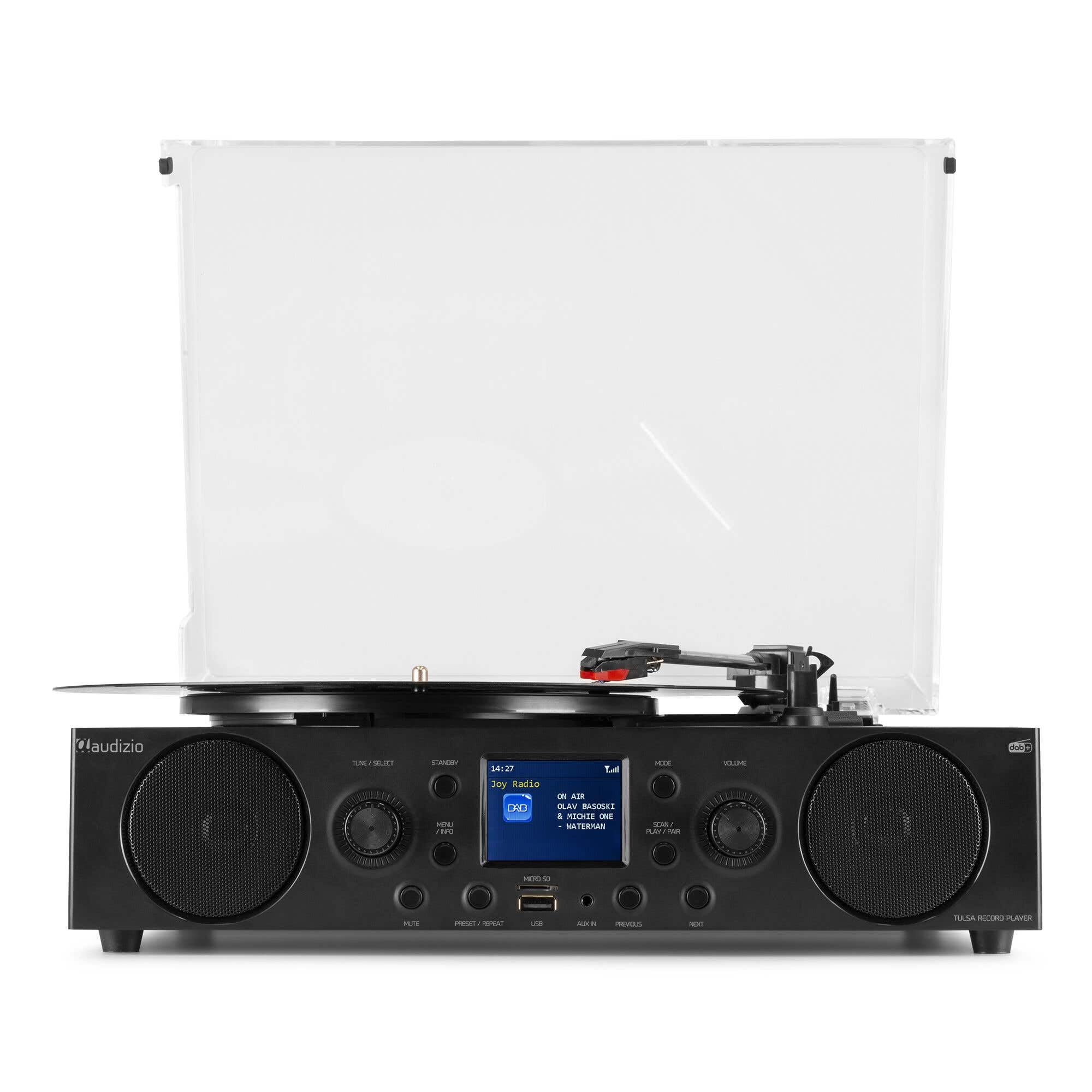 Audizio Tulsa - Sistema estéreo con Tocadiscos Bluetooth 5.0, sintonizador FM, Radio Dab, función de grabación, Tocadiscos con Altavoces, giradiscos, USB, SD, AUX, RCA, Modo Alarma, diseño de Madera