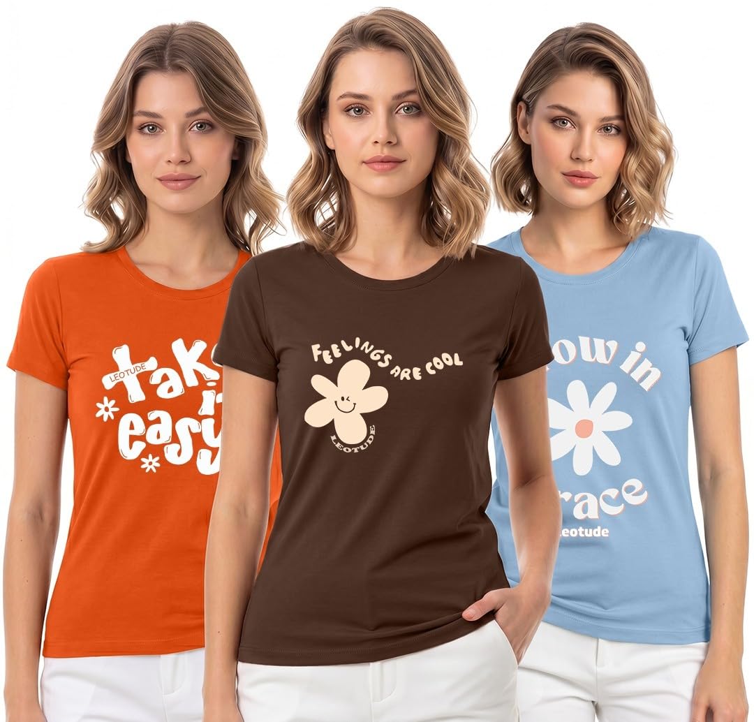 Women’s Regular fit Half Sleeve Round Neck Graphic Tees for Girls & Ladies | Women’s Western Tops | Combo Pack of 3 |Cute Trendy Print Summer Fashion T-Shirts (Pack of 3)