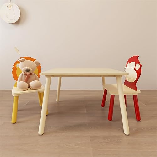 Miniatura 10 de Juego de mesa y silla para niños, juego de mesa de madera para niños con 2 sillas, mesa de actividades adorablemente animales para leer, dibujar,